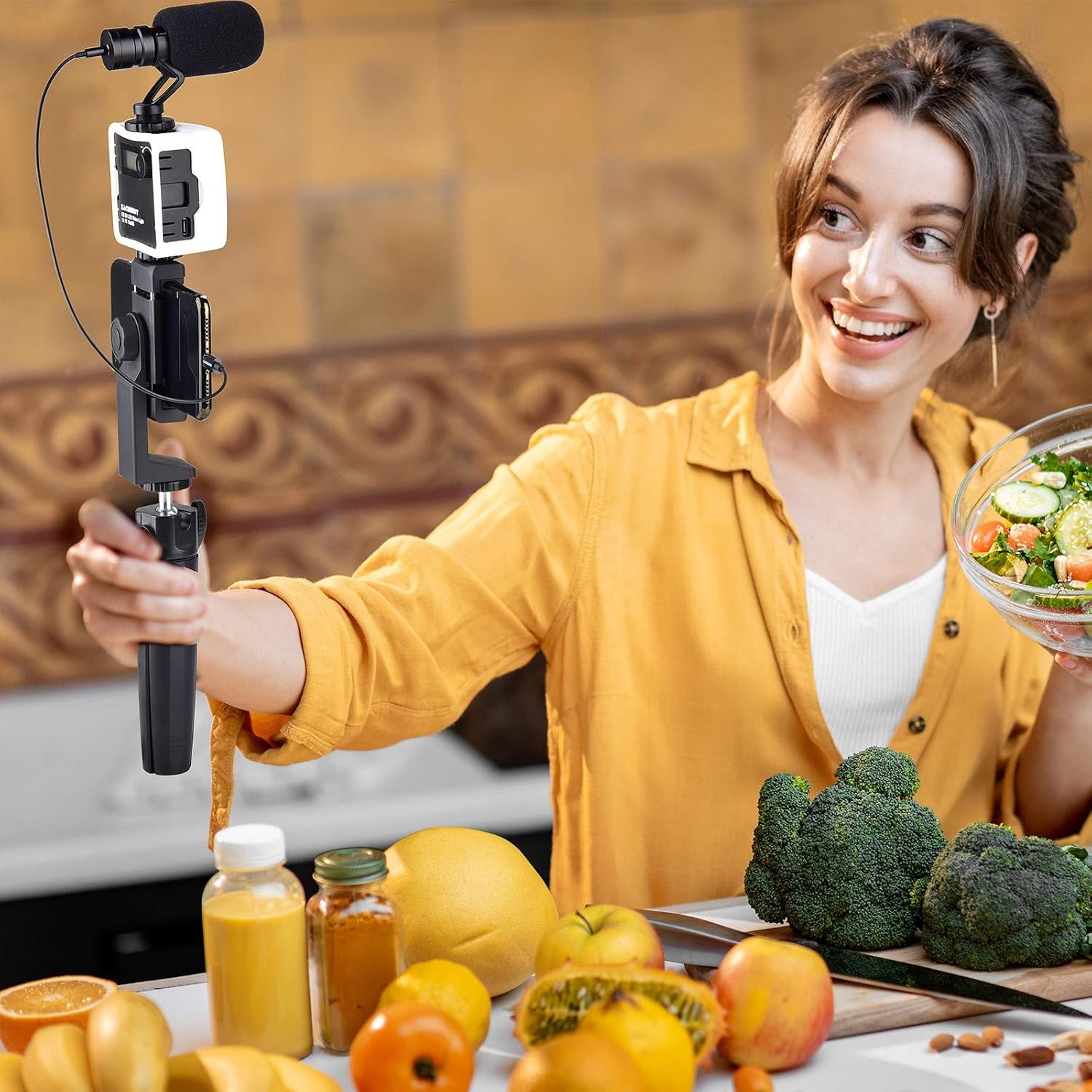 Flash Sale Buy 1 get 1 EACHSHOT Vlogging Kit for iPhone Smartphone Android Cellphone w/Vlog Mic Microphone/LED Light/Tripod Stand/Phone Holder/Cables,Portable Video Recording YouTube Tiktok Twitch Live Streaming Equipment