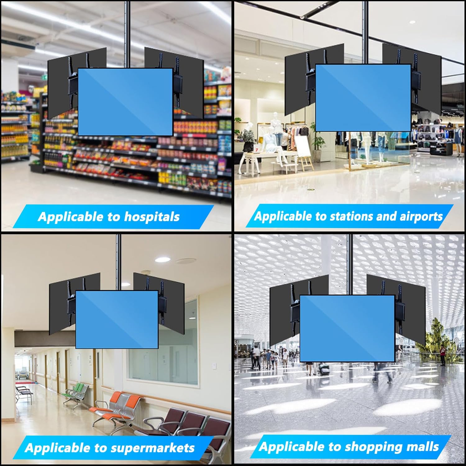 Commercial Grade 3 TV Ceiling Mount, Adjustable Height Telescoping Tilt and Swivel Triple Sided Ceiling TV Mount, Hanging 3 Screen Pole Mount for 32”-65" Displays, VESA 600x400mm (3 Screens)