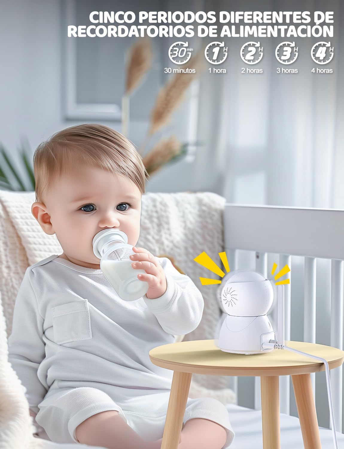 Camara Vigilancia Bebe de 30 Horas, 5'' Vigilabebes con Camara Rotación de 355°, Camara Bebe Inteligente con Visión Nocturna, VOX, Audio Bidireccional, Sensor de Temperatura y Aviso de Lactancia
