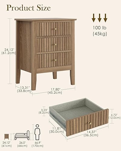 Miniatura 2 de Fluted Nightstand, Farmhouse Night Stand with 3 Drawers, Mid Century Modern Side Accent Table,Bedside End Table for Bedroom, Living Room, Natural