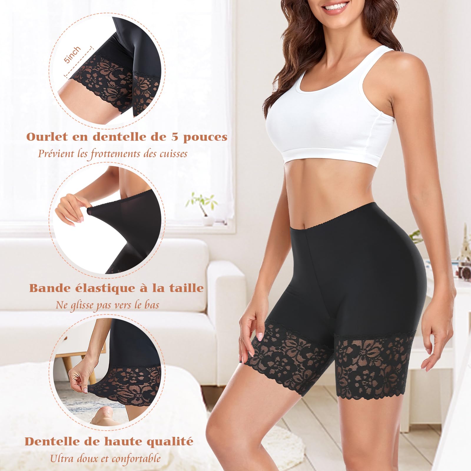 Short Anti Frottement Cuisse Femme Dentelle sous Robe Legging #1 Noir 295-2XL Checking 339