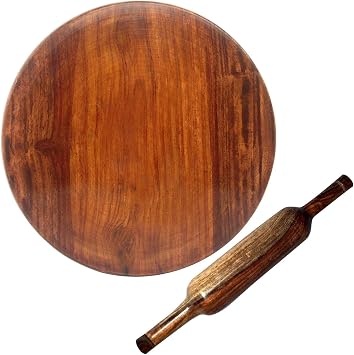 Wooden Serving Board, Round Chapati Chakla, Perfect for Making Chappati at Home, Wooden Roti/Chapati Maker, Wood Rolling Board and Rolling Pin Set (Chakla Belan) (9 inch)