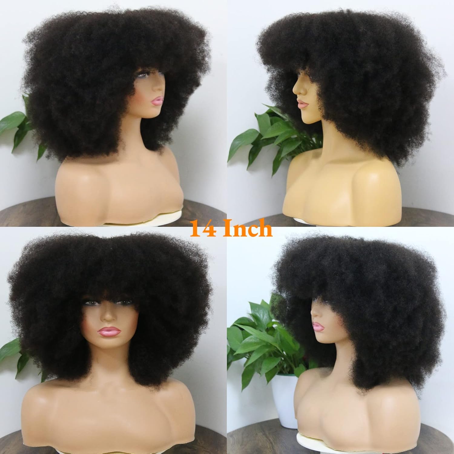 Short Bob Wig With Bangs Glueless Afro Kinky Mongolian Hair For Black Women Frizzy African Hair Remy Human Hair Wigs Full Machine Made Scalp Wig Fringe Unit Hair Replacement Unit 14 Inch