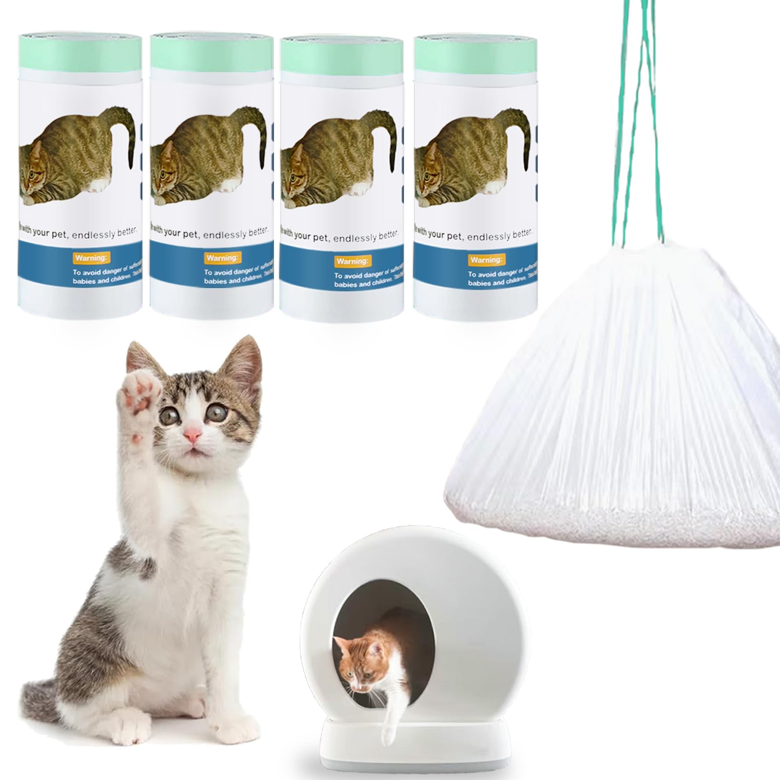 Bolsas de arena para gatos para caja de arena autolimpiable, 100 unidades, forro de cajón de residuos de repuesto con cordón compatible con caja de arena automática para gatos, 18 x 12.6