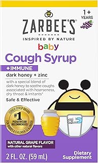 Zarbee's Baby Honey Cough Syrup + Immune for Babies 12-24 Months, Safe & Effective Cough Syrup with Soothing Dark Honey & Zinc for Immune Support*, Drug & Alcohol-Free, Grape, 2 fl. Oz