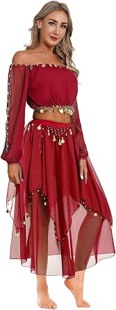 Sywiyi Womens Belly Dance Outfits 2-Piece Off Shoulder Cutout Long Sleeve Sequins Crop Top and Chiffon Skirt Set