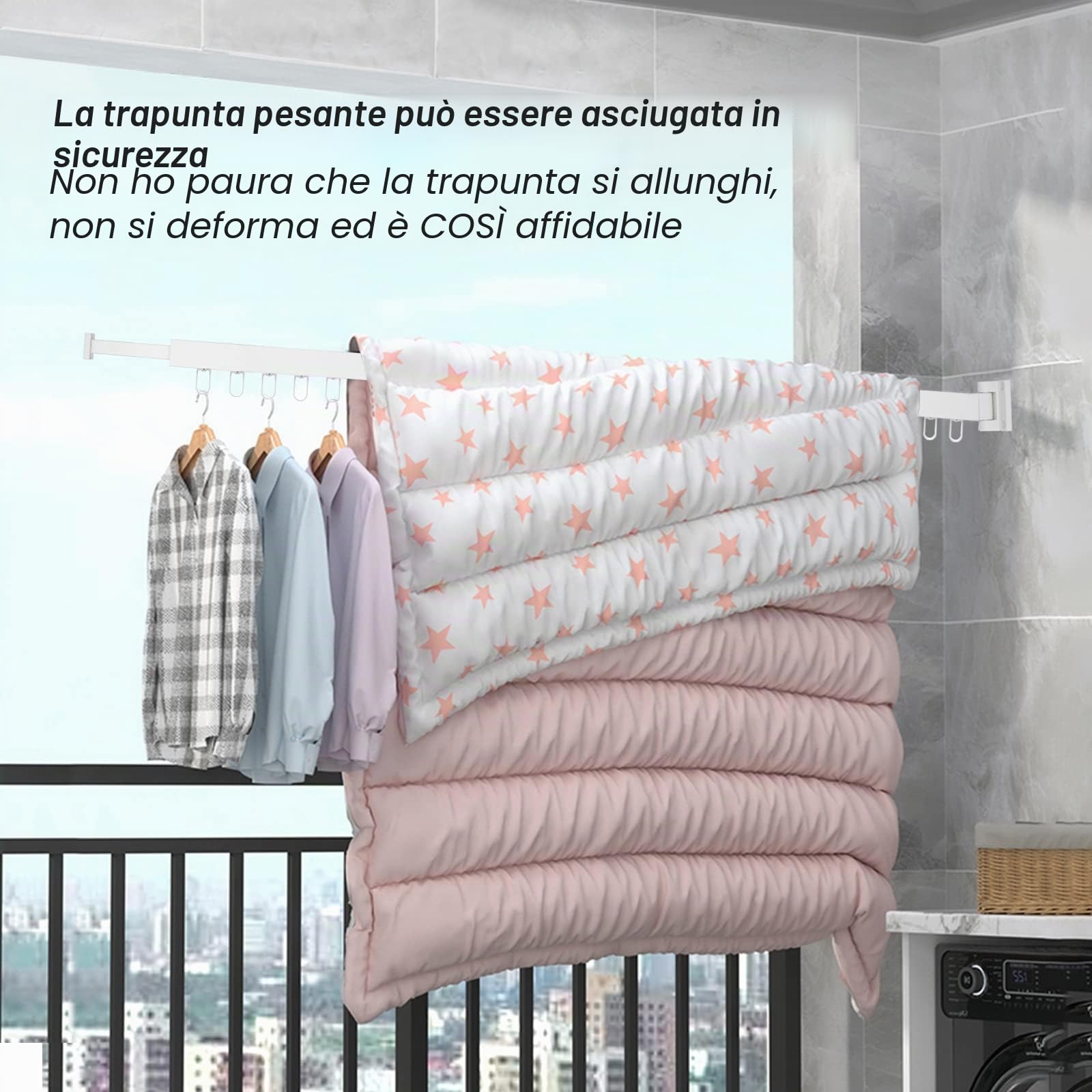 Stendino A Parete Richiudibile 128cm, Stendibiancheria Esterno E Interno, 3 Livelli, Stendibiancheria Alluminio, tendino Pieghevole Da Balcone, Salvaspazio, 8 Ganci, Bianco