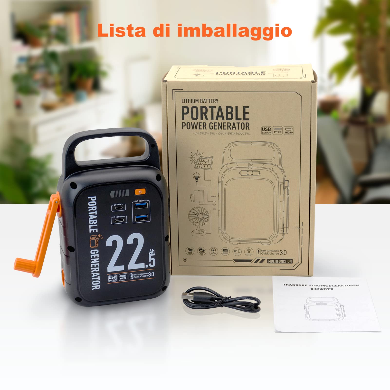 Manovella Powerbank 22500 mAh, 83.25 Wh 18 W USB e ricarica rapida TYPEC generatore LED ultra luminoso per l'alimentazione di emergenza del campeggio all'aperto