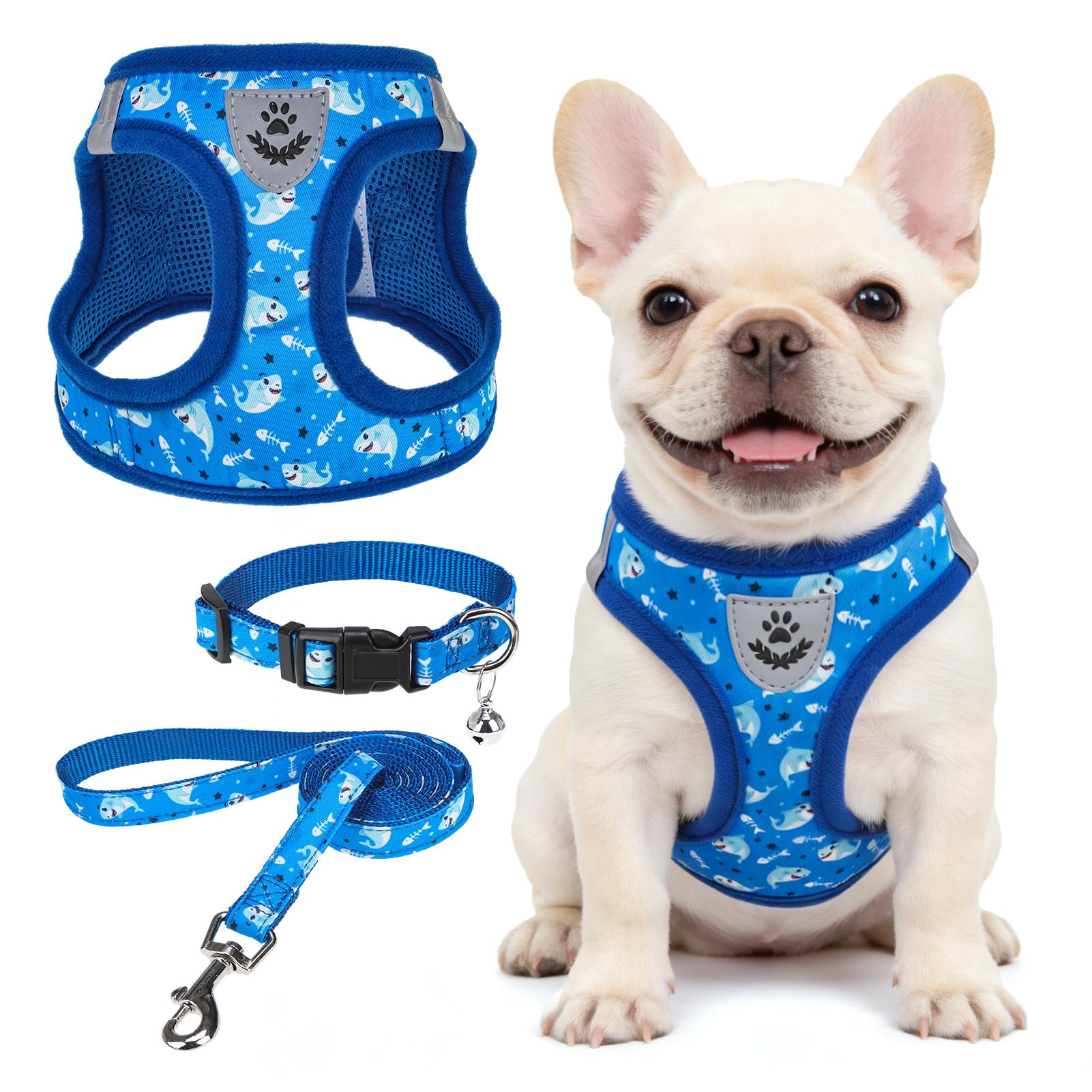 SCENEREAL Puppy Harness Collar and Leash Set, Blue Shark S