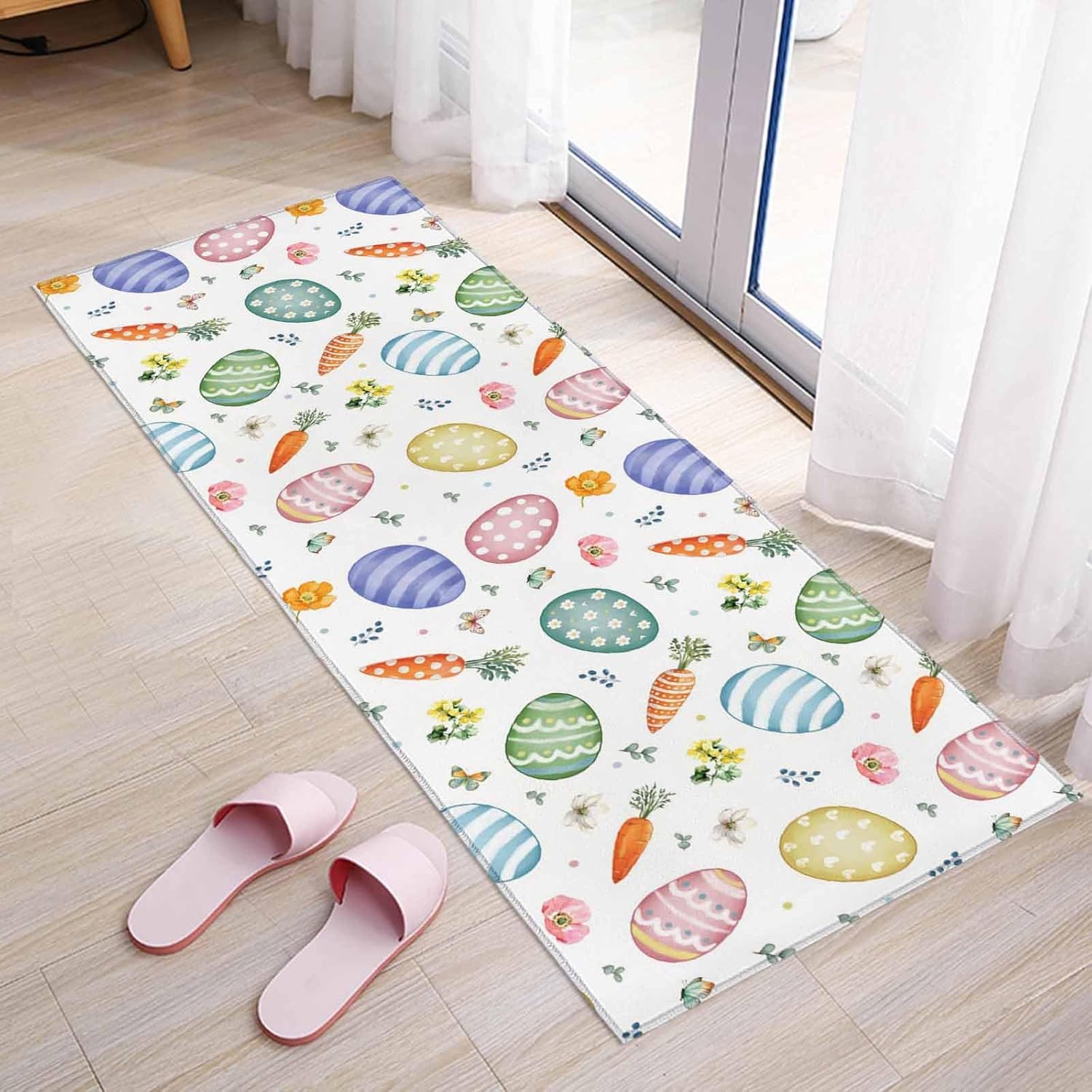 Kitchen Mats for Floor Easter Colorful Egg Carrot Washable Non Slip Kitchen Rugs 1PCS, Spring Flower Butterfly Seamless Absorbent Standing Mats for Sink Bathroom Office Living Room 15.7x47.2in