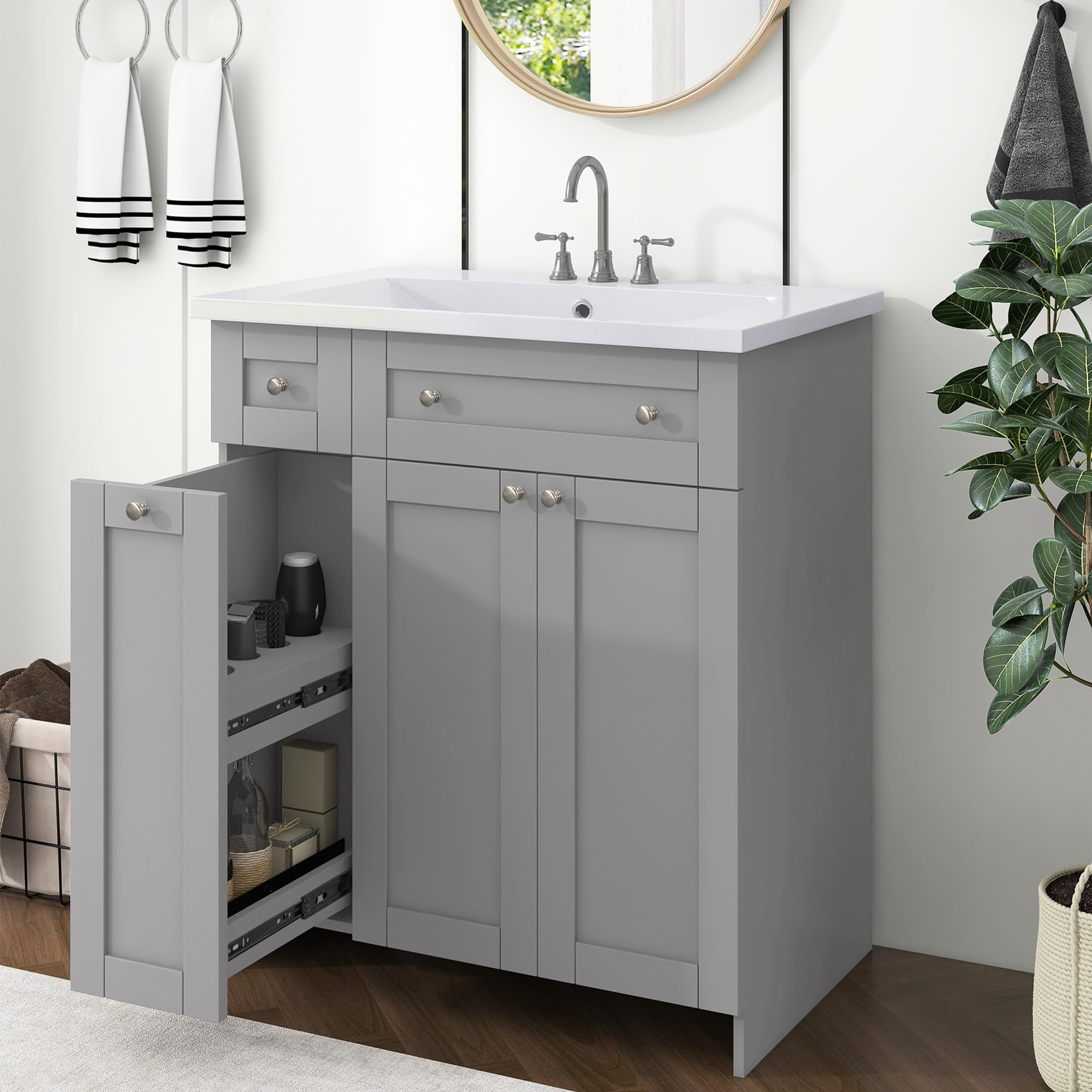 30'' Bathroom Vanity with Sink Combo, Free Standing Bathroom Vanities with a Drawer and Soft-Closing Cabinet, Solid Wood Cabinet with Undermount Basin, Grey