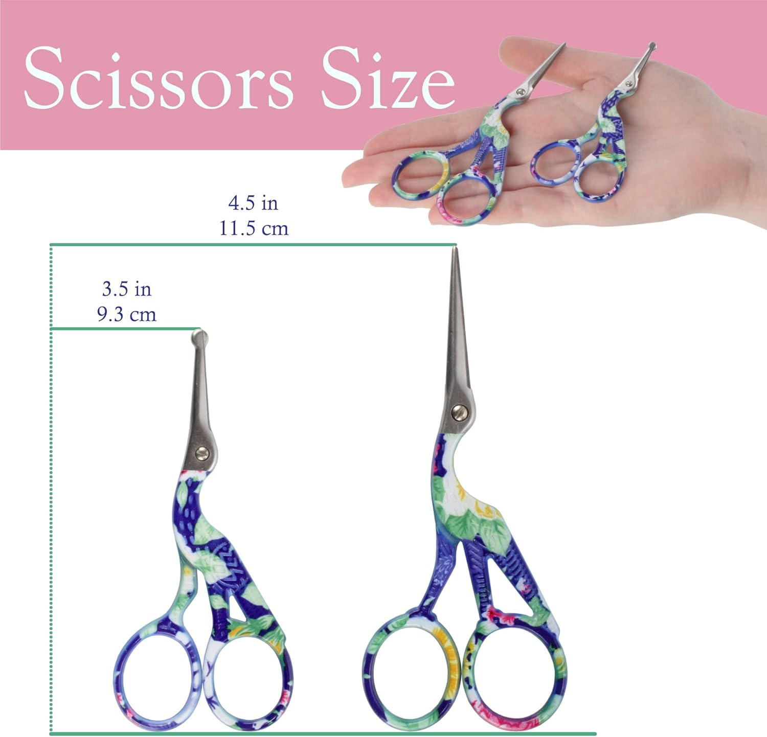 Stork Bird Rounded Safety Tip Embroidery Craft Stainless Steel Crane Scissors - Blue - 2 Pairs