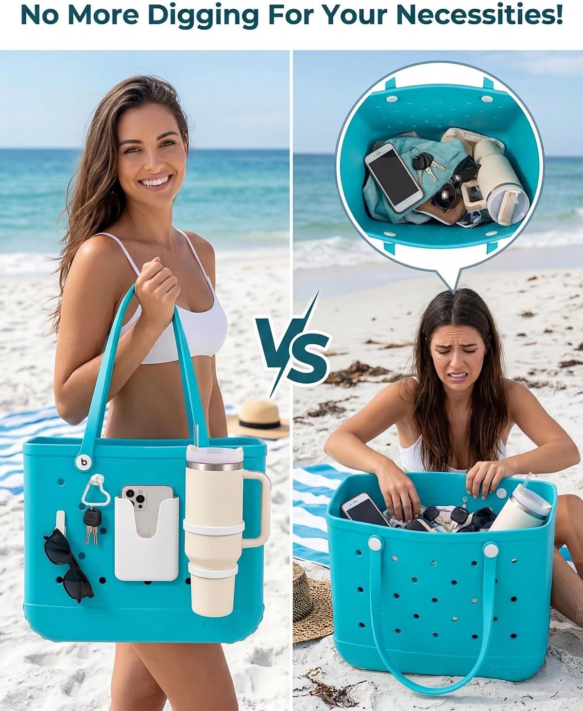 LETGO Beach Bag Organizer for X Large Bogg Bag Accessories Inserts, 2 Pack Cup Holder, Phone Holder and Hooks Insert Compatible with Simple Modern Beach Tote Bag (White)