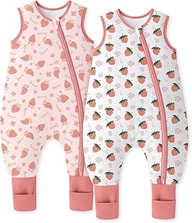 Unnivoll Baby Schlafsack mit Füßen 1,5 Tog 2er Pack Schlafsack Baby Baumwolle Ganzjahre Schlafsack mit Beinen Babyschlafsack Weich 70 cm für Jungen Mädchen Erdbeere