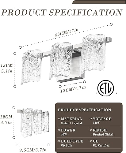 Miniatura 7 de OS-MM5002-3BN - Lámpara de tocador de baño de 3 luces, lámpara de baño de níquel cepillado sobre espejo con vidrio transparente, iluminación moderna