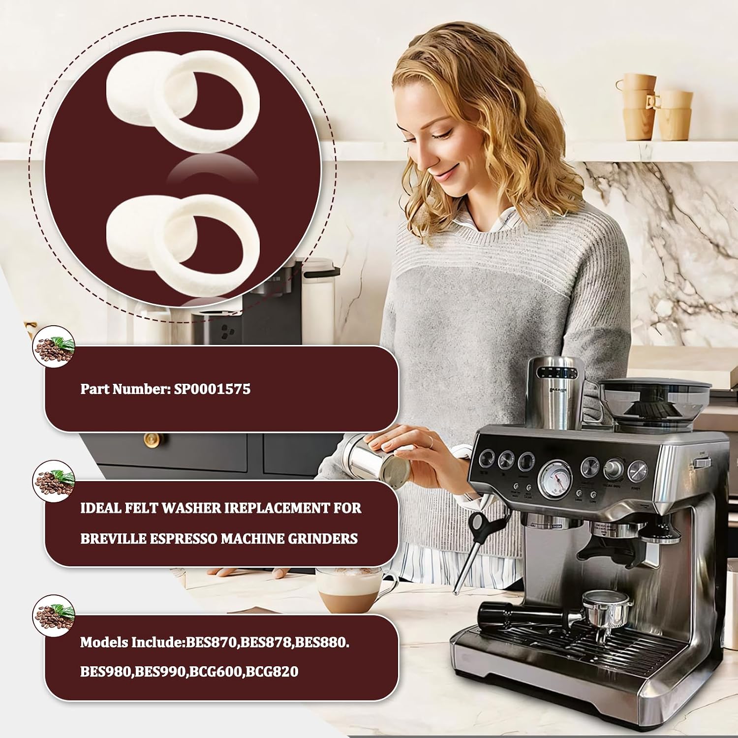 Felt Washer SP0001575 for Breville Espresso Machine Grinders Models Include BES870XL BES878 BES880 BES980 BCG820 Coffee Machine Cleaning Wool ring accessories 2PCS
