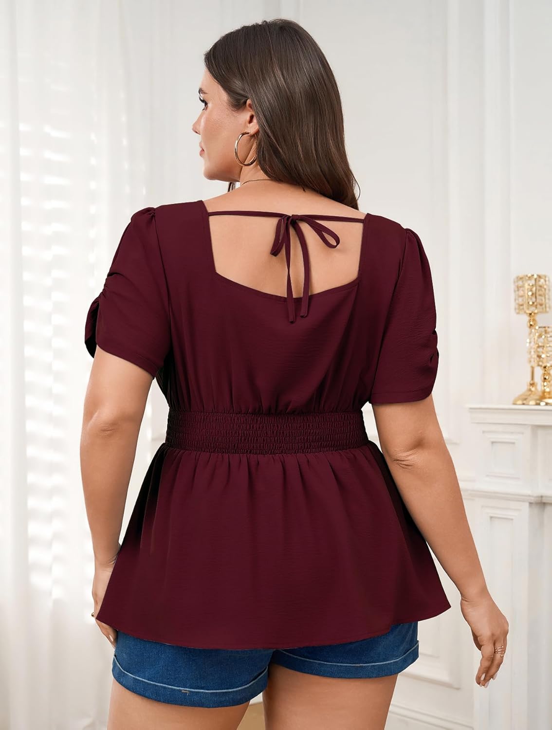 SCOMCHIC Womens Plus Size Tops Square Neck Peplum Blouse Top Short Sleeve Smocked Waist Ruffle Hem Babydoll Tops - Image 3