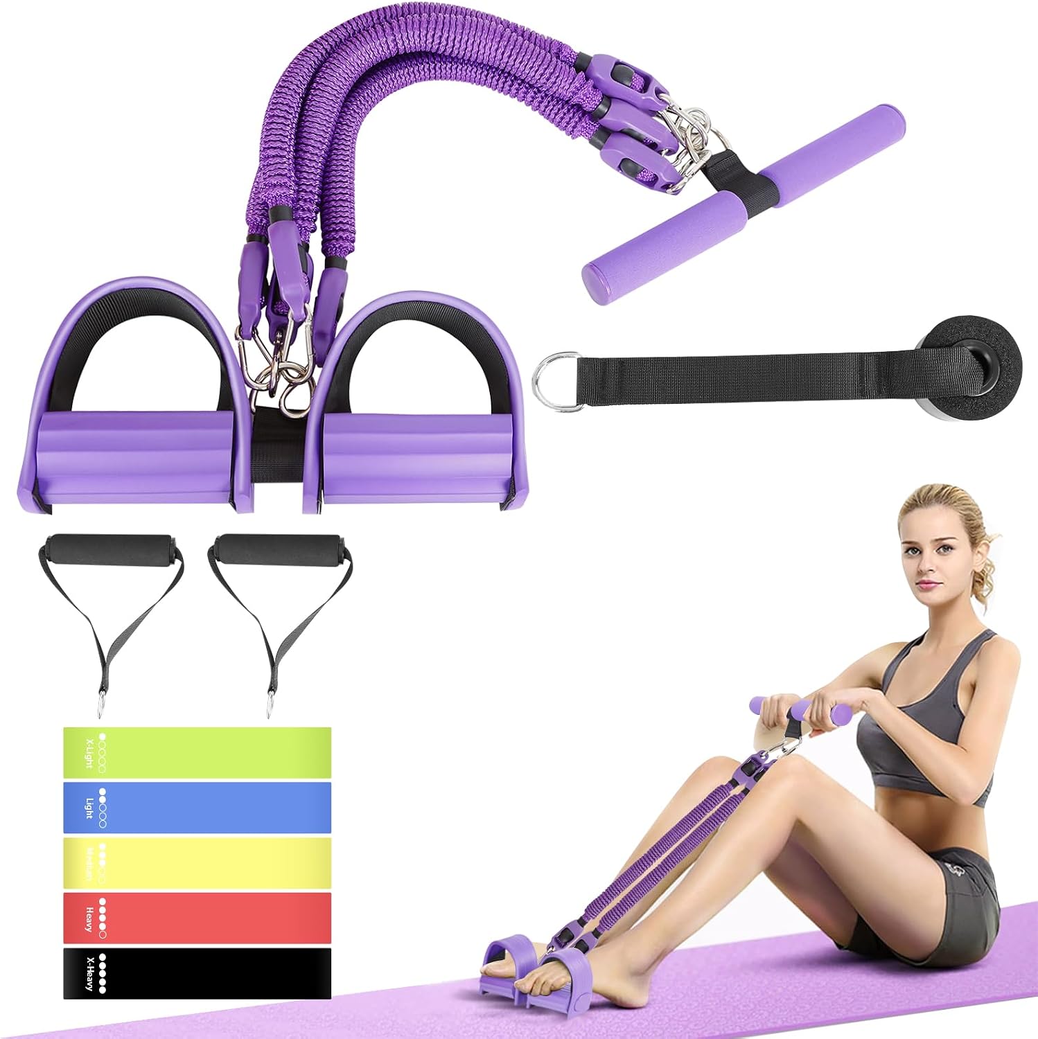 2026 Upgrade Pedal Resistance Band,4-Tube Elastic Sit Up Pull Rope for Men and Women,Pedal Puller for Strength Training,Foot Resistance Rope for Physical Therapy with 5Pcs Exercise Bands