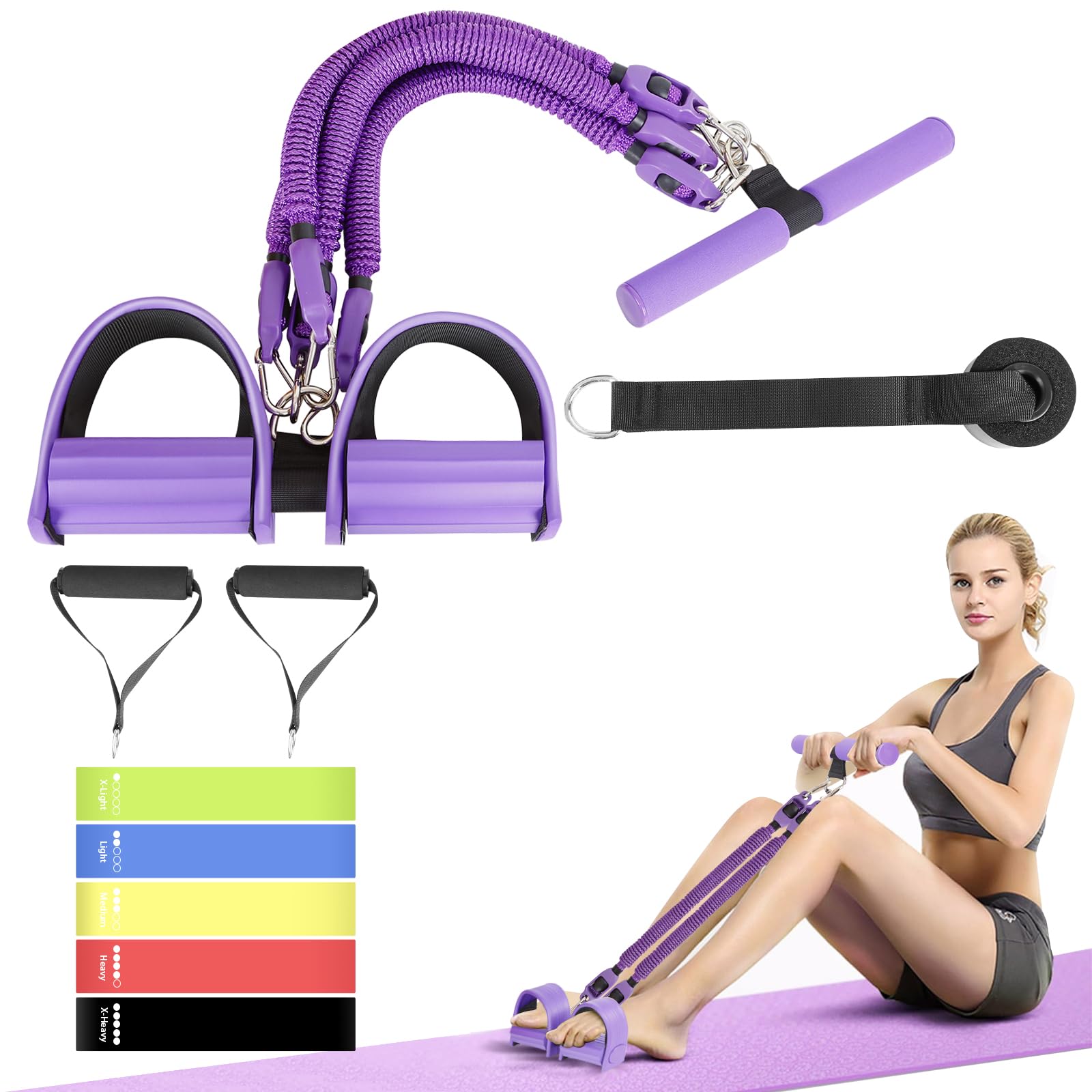 2026 Upgrade Pedal-Widerstandsband Lila, 4-Schlauch elastisches Sit-Up-Zugseil für Damen und Herren, Pedal-Zuggerät für Krafttraining