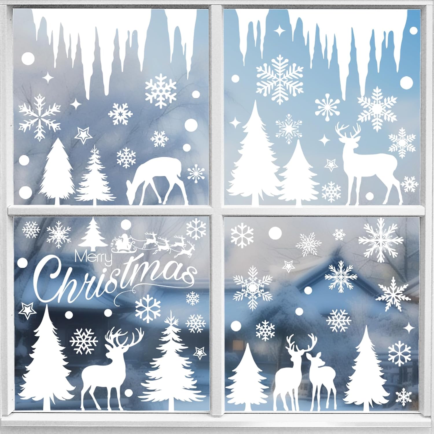 Merry Christmas Window Clings for Glass Window, Snowflakes Decorative Window Stickers, Deer Home Office Decor Holiday Decoration Party Supplies