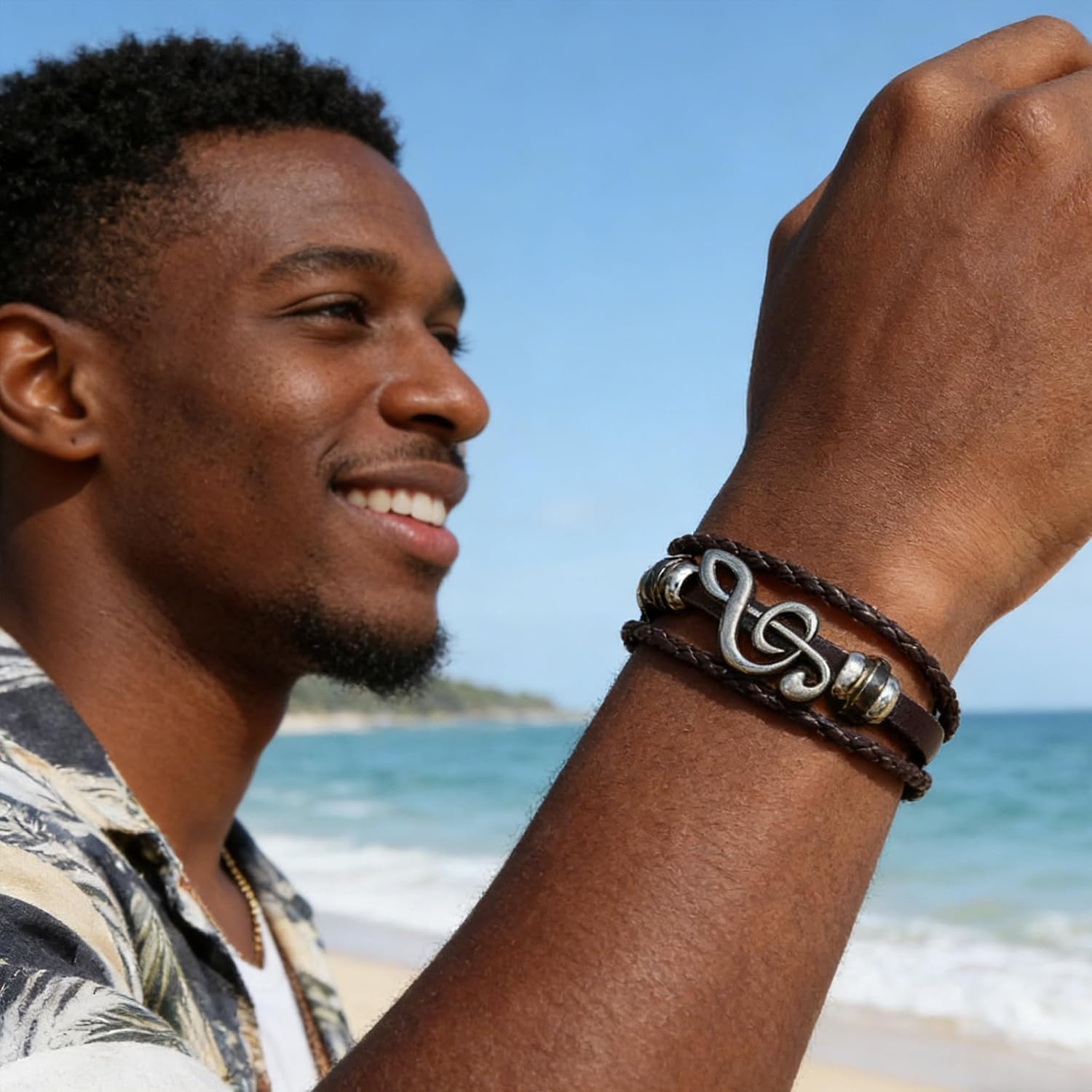 Multi-Layered Brown Leather Music Note Bracelet, Grunge Y2K Alternative Jewelry for Unisex Music Lovers, Perfect Music Teacher & Guitar Gifts for Men and Women