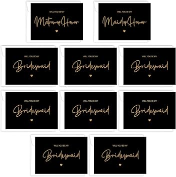 LotsBuyLots 10 Pack Bridesmaid Proposal Card with Envelopes 8 Will You Be My Bridesmaid Cards,1 Maid of Honor,1 Matron of HonorBlack