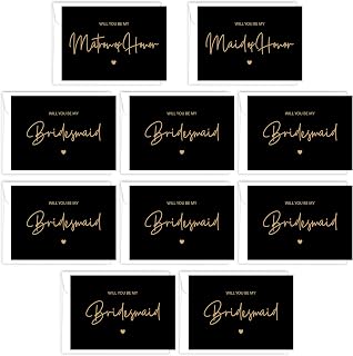 LotsBuyLots 10 Pack Bridesmaid Proposal Card with Envelopes 8 Will You Be My Bridesmaid Cards,1 Maid of Honor,1 Matron of Honor(Black)