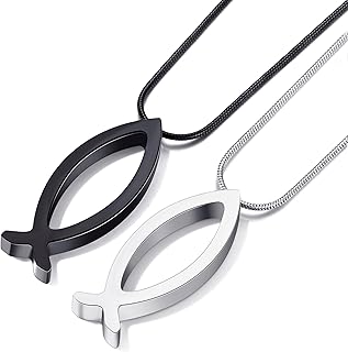 MOO&LEE Ichthys Pendant Necklace Jesus Fish Necklace for Men and Women with Stainless Steel Snake Chain Christian Symbol Religious Jewellery