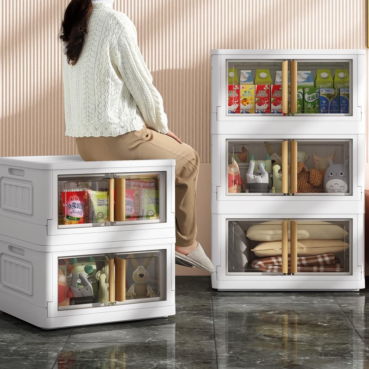 5 Storage Bins with 5 Lids, 78 Quart Plastic, White Closet Organizers and Storage,5 Packs Stackable with Wheels,Dual Open Collapsible, for Home and Office