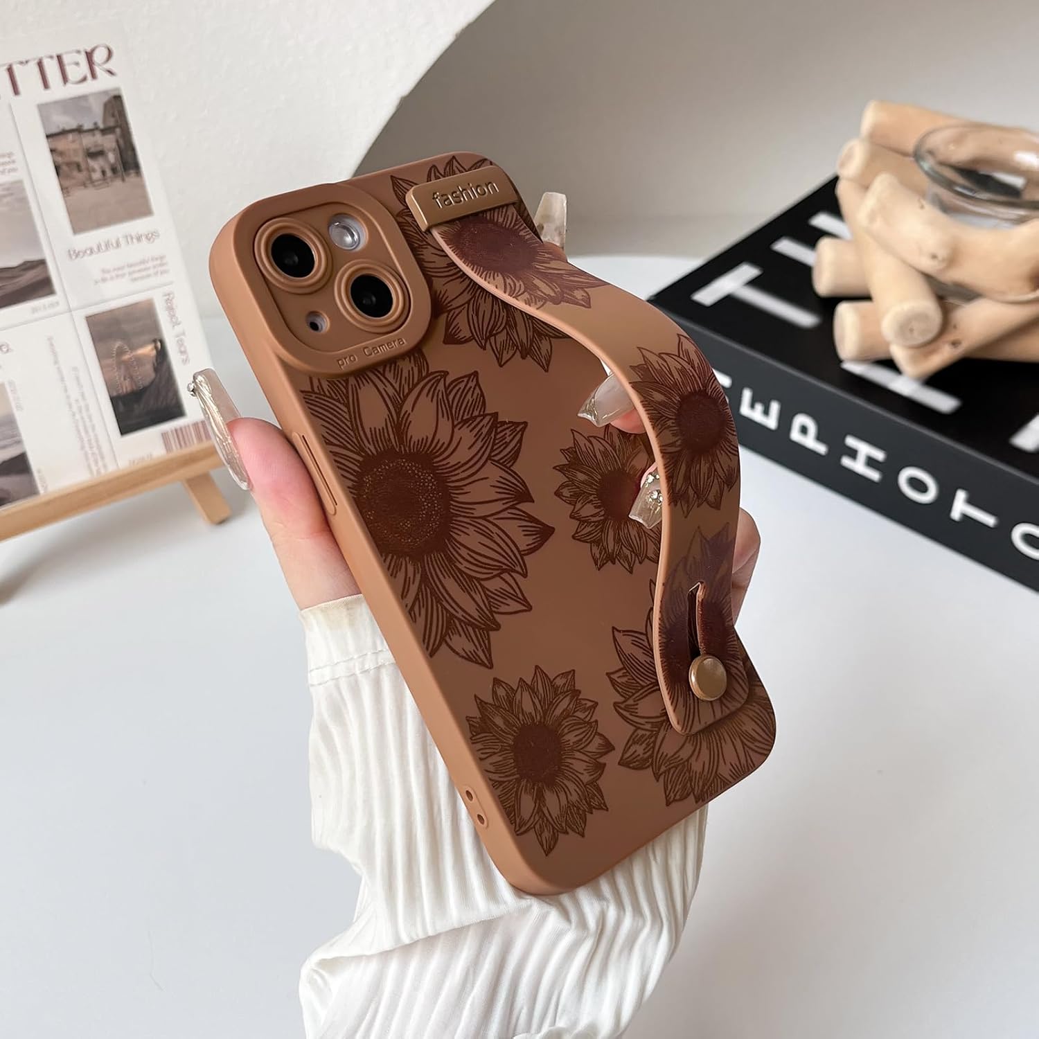 NITITOP Compatible with iPhone 14 Plus Case Cute Floral Sunflower for Women Girls with Wrist Adjustable Hand Strap Kickstand Grip Holder Soft TPU Slim Protection Phone Cover - Brown - Image 6
