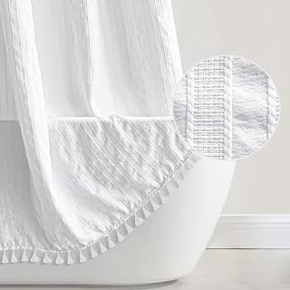 Seasonwood White Fabric Shower Curtain Boho Chic Striped Textured Tassel Shower Curtain for Bathroom, Wrinkle Free, Shabby Chic Cloth Shower Curtain Set with Hooks, 72x72