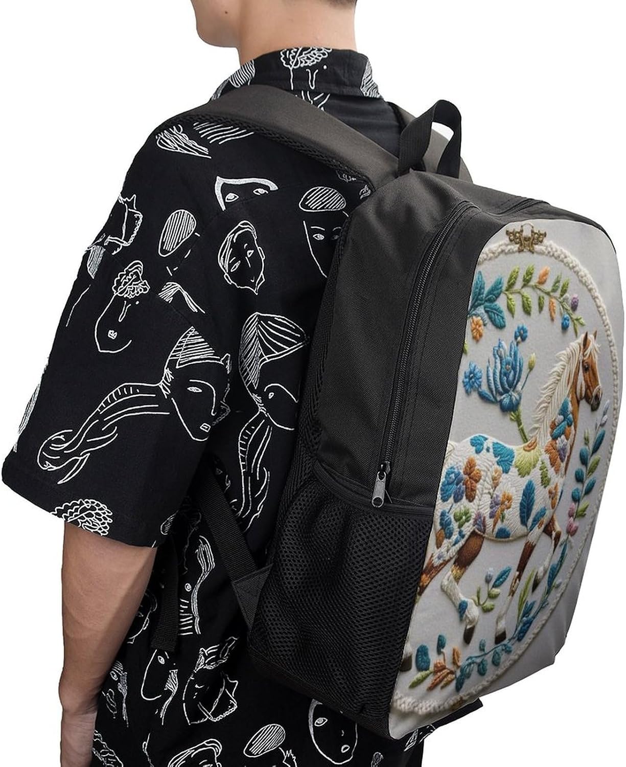Animals Embroidery Horses 17 Inch Laptop Backpack, College Bookbag image 5