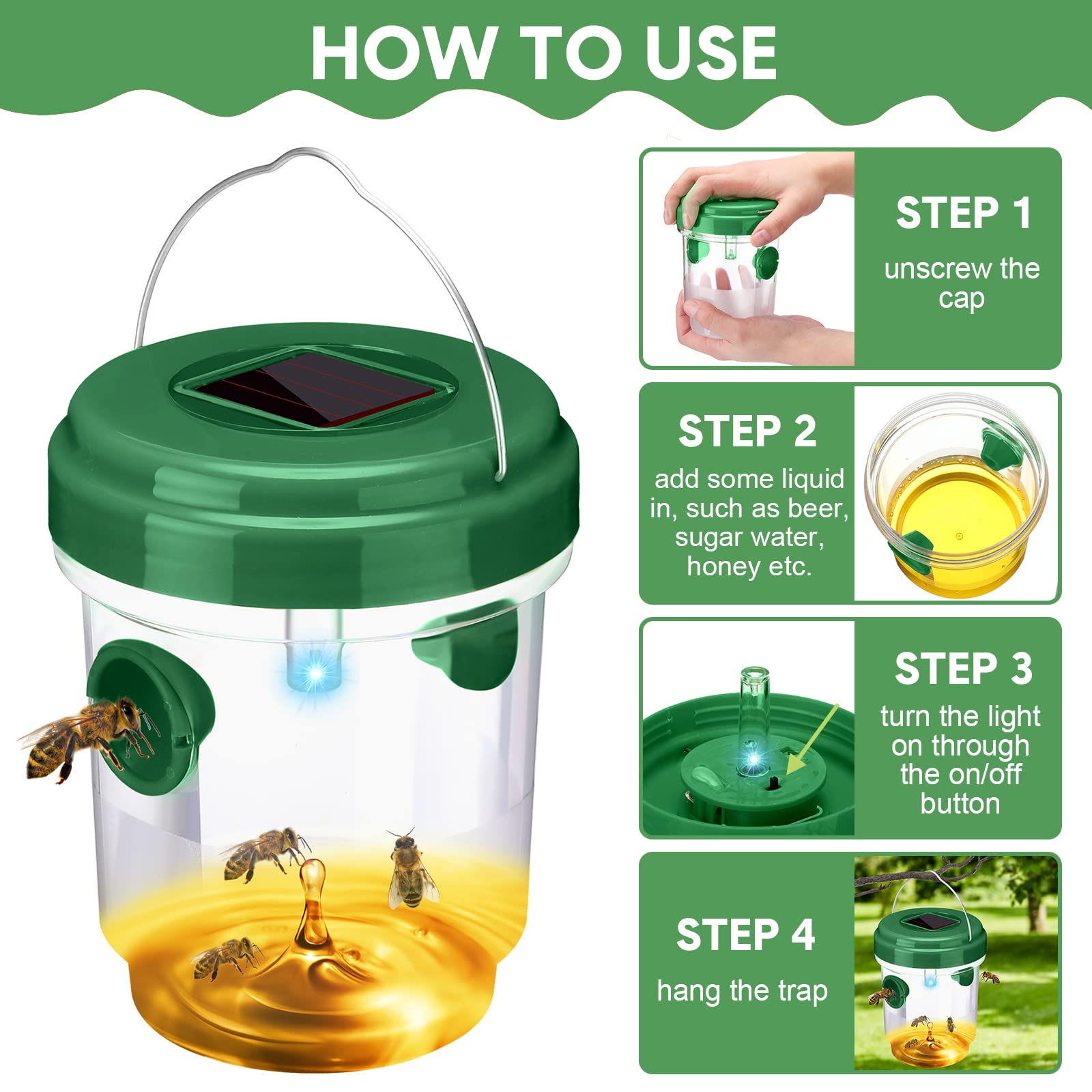 12 Packungen Wespenfalle Solarbetriebene Bienenfalle Wiederverwendbare Fliegenfallen Outdoor Hängende Wespenvernichter mit UV-LED-Licht Fliegende Insekten Bienenvernichter für Innenbereich