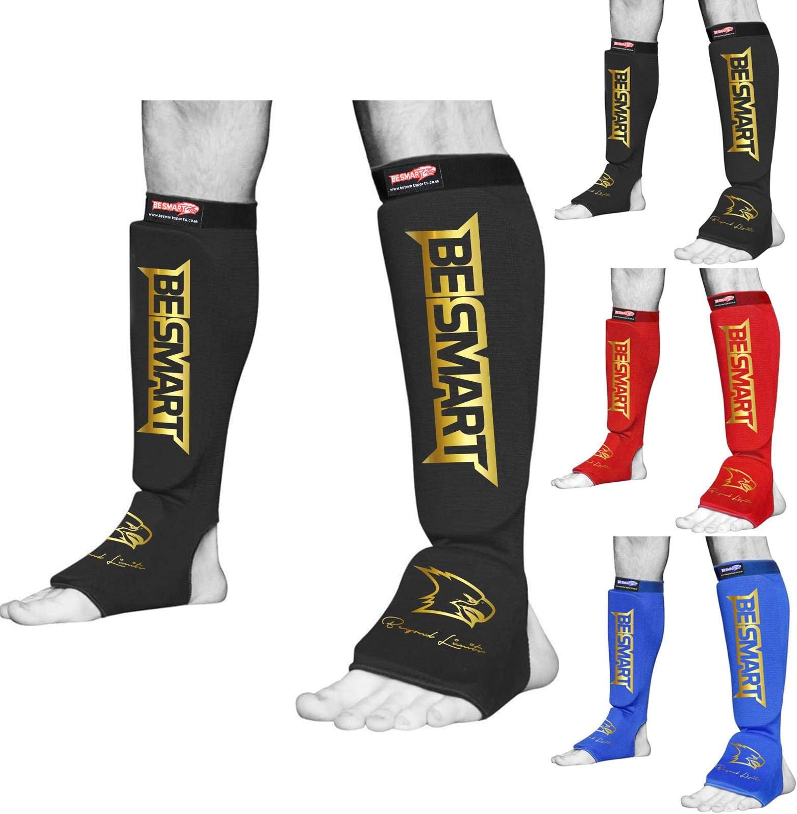 BS Shin Instep Pads MMA Leg Foot Guards Muay Thai Kick Boxing Guard Protector G (Black Golden, Large)