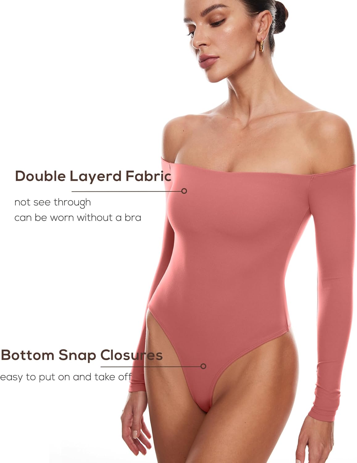 INLYRIC Women's Natrelax Off The Shoulder Bodysuit Long Sleeve Thong Sexy Bodycon Slim Fit Tops Leotard - Image 3