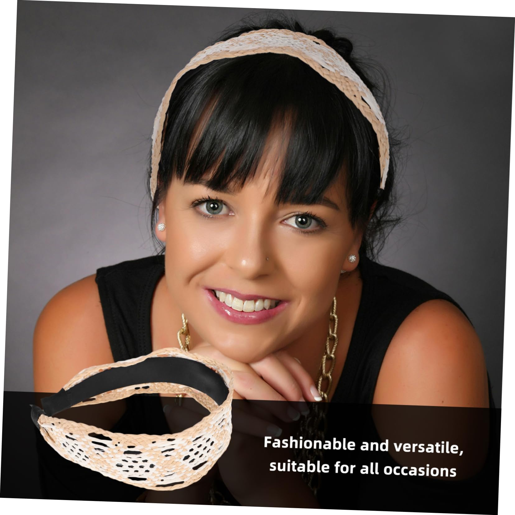 Bandeau Tissé Extra Large en Raphia Beige, Style Vintage