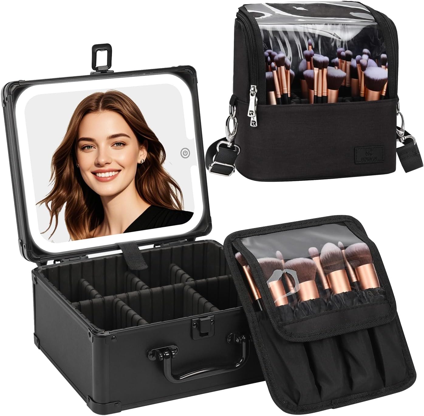 Stand-up Makeup Brush Case, Makeup Box with LED Mirror, Makeup Bag Gifts for Women and Girls Cosmetic Organizer Case Waterproof Travel Make up Train Case with Detachable Light up Mirror