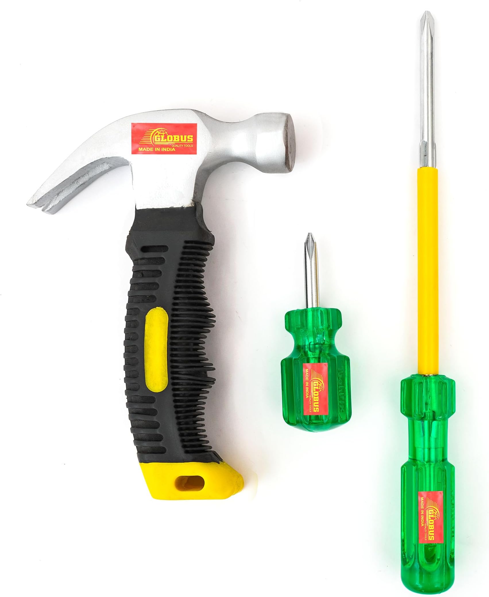Globus 41- Stubby/CLAW Hammer(0.30kg) & SCREWDRIVER 2IN1 (3"/75MM& 10"/250MM) Power & Hand Tool Kit (3 Tools)