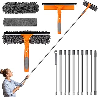 2-in-1-Fensterreinigungsgerät, 24cm~390cm Extra Lange Fensterputzer Set, Teleskop Fensterwischer Abzieher Set, Fensterreinigungsset mit drehbarem, biegbarem Kopf (Gewinde + Teleskop)