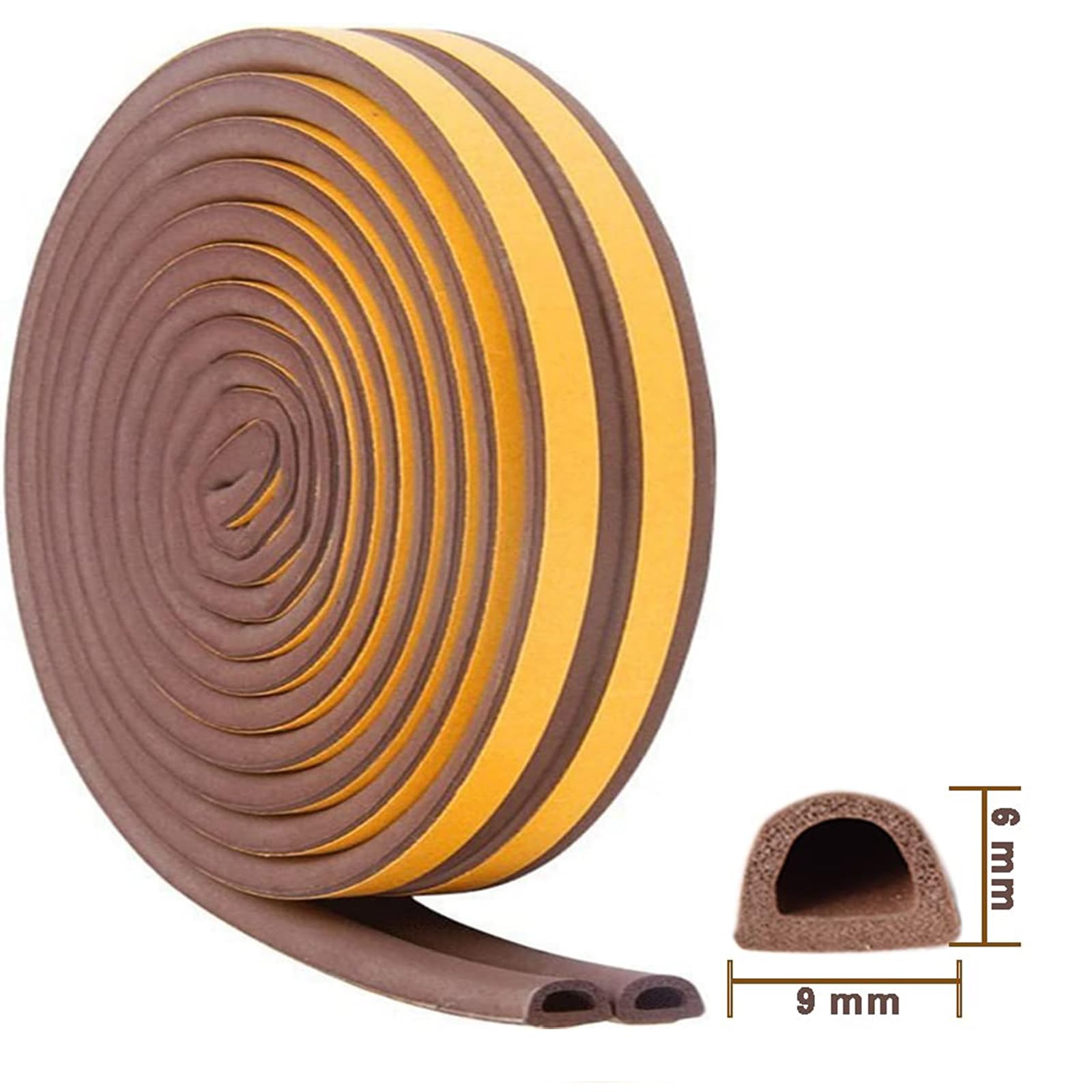 Cinta de sellado autoadhesiva para puertas, junta de puerta de perfil D, junta de goma, aislamiento acústico, hendiduras para ventanas para puertas, topes de aire y ventanas (marrón-D-9x6-10 m)