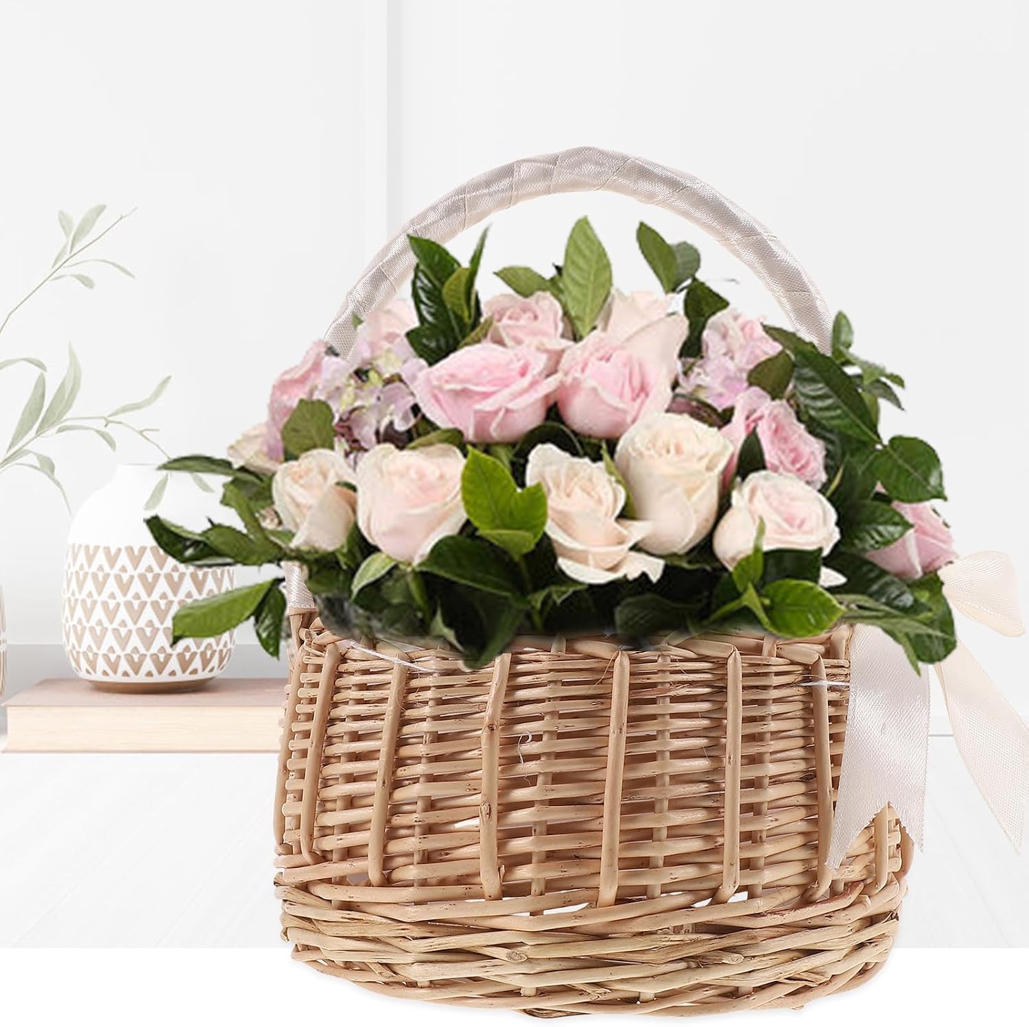Wicker Basket Flower Girl Basket Small Portable with Handle Natural Handmade for Wedding Ceremony and Home Decor