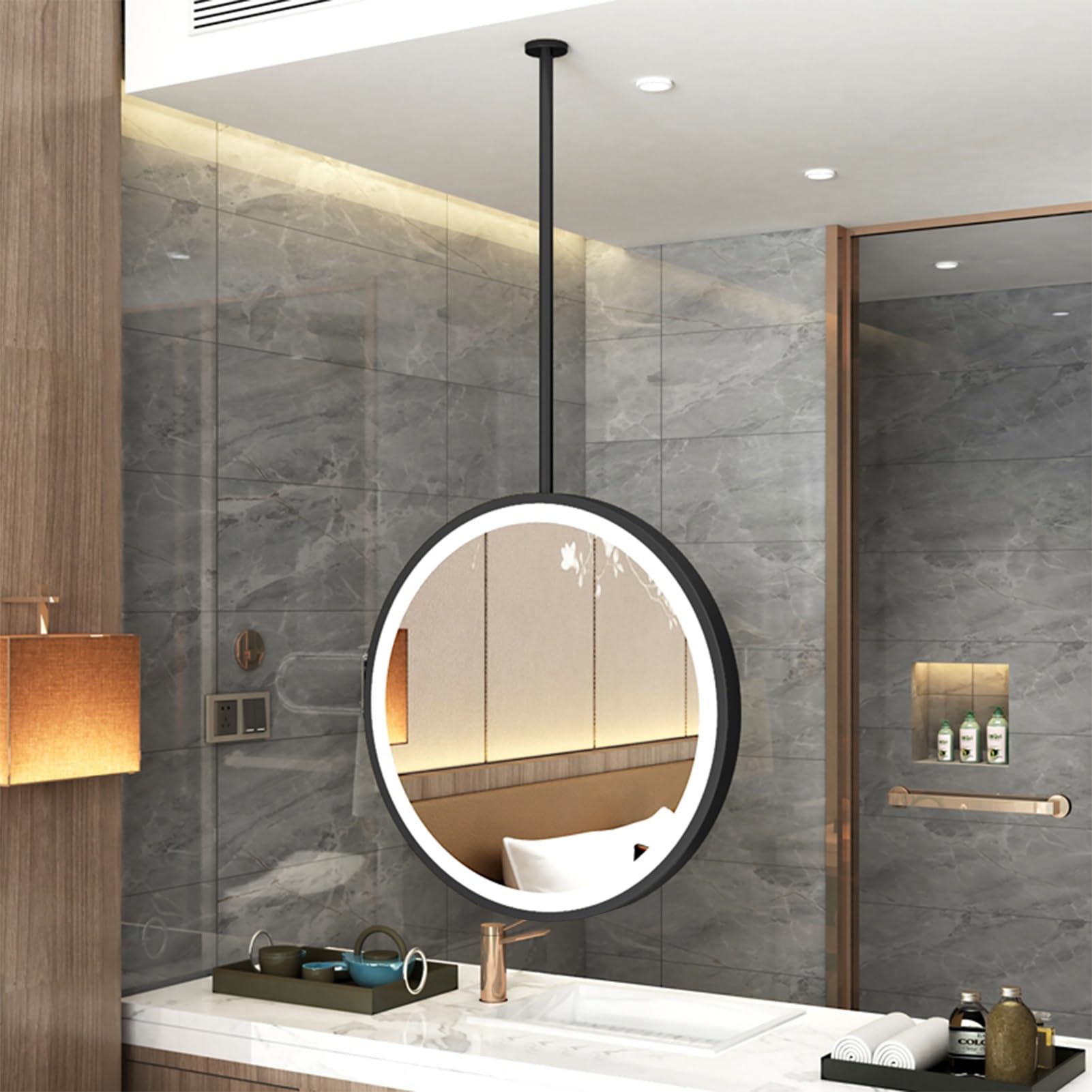 FGXHHS Circle Ceiling Mirror with LED Light, Floating Vanity for Bathroom Washroom, Round Adjustable Brightness Hanging Decorative Glass Mirror(Diameter-70CM/27.6INCH)