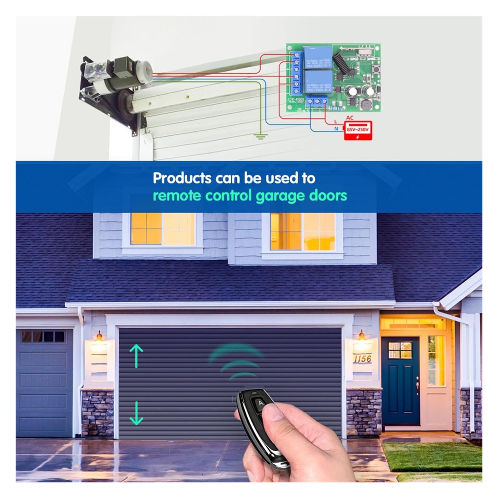 Récepteur et émetteur de relais télécommande sans fil universel 433MHz for le contrôle porte Garage Résidentiel, Commercial(1RC 5B)