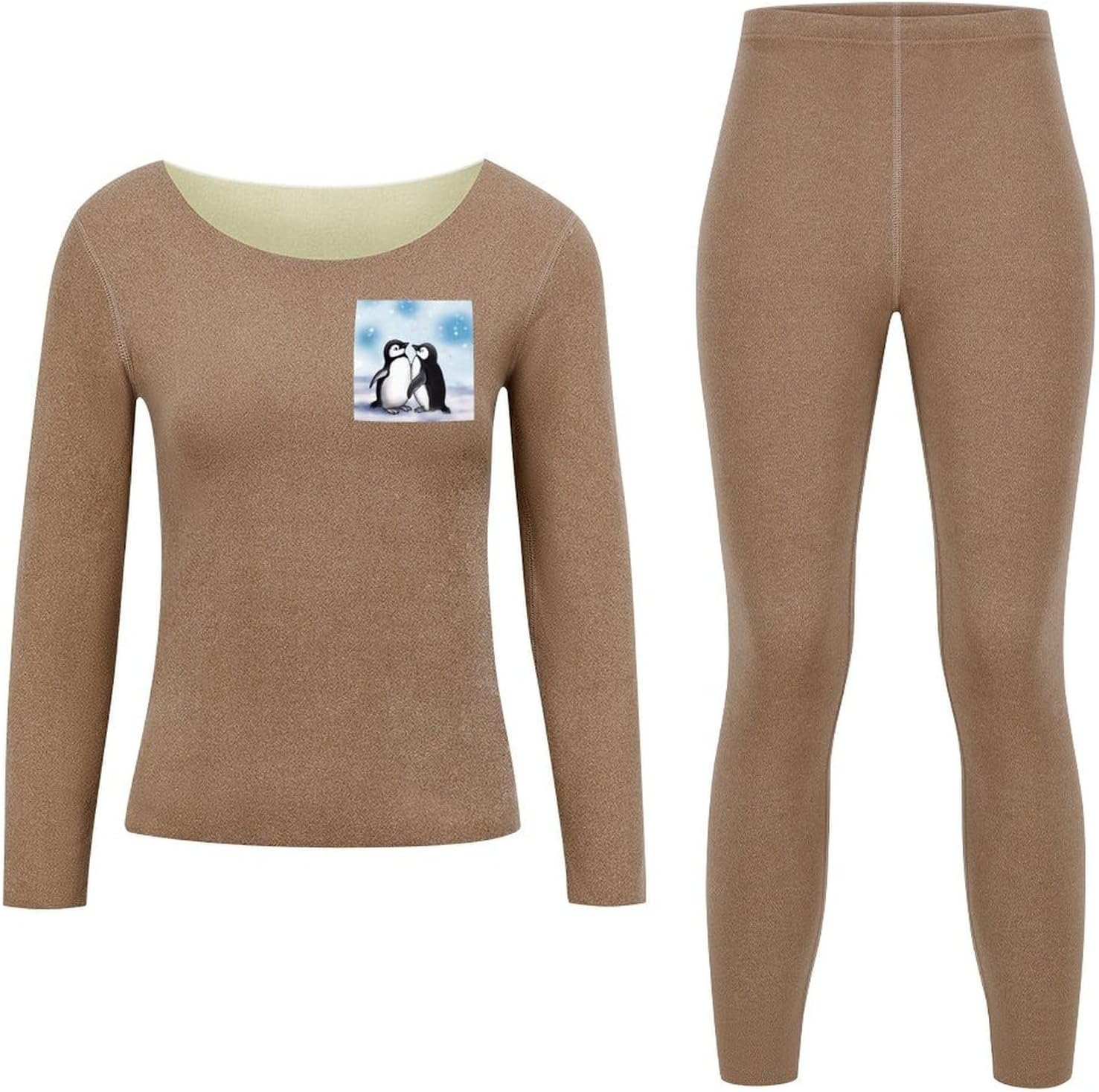 Women's Fleece Lined Thermal Set - Cold Weather Long Johns Ultra-Soft I Love Penguins Printed Base Layer