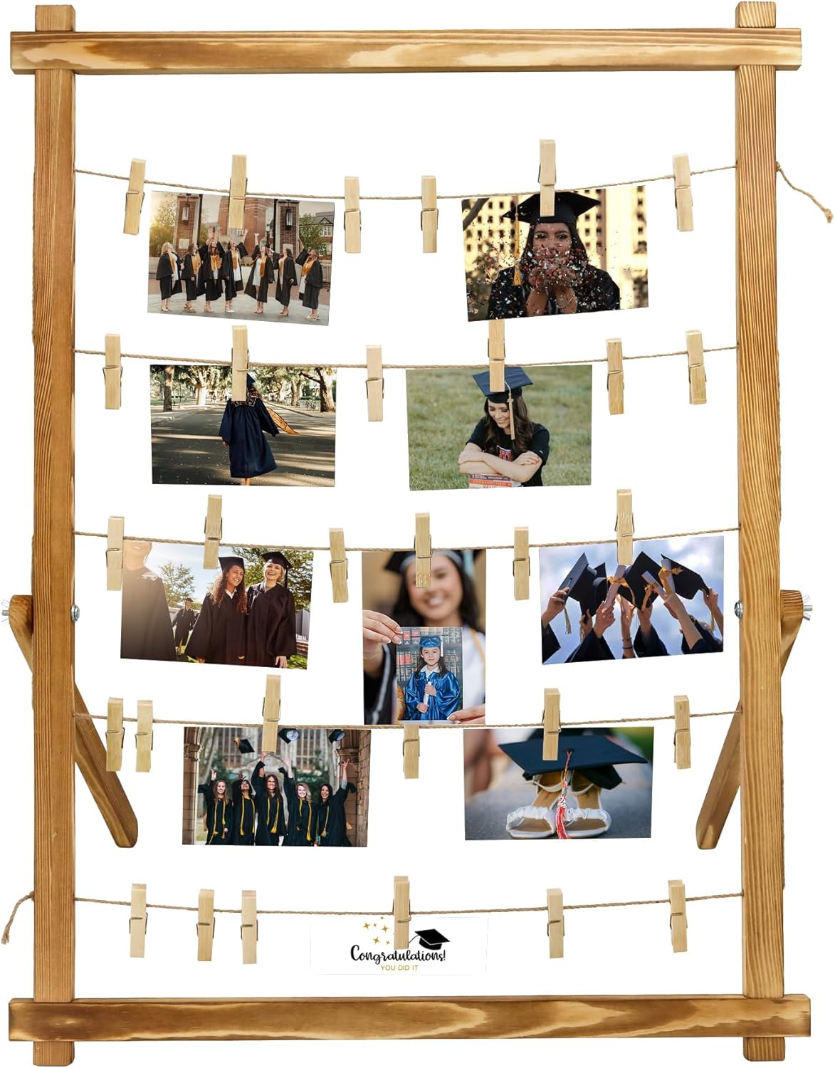 Freestanding Photo Display Board with Clips, Stable Tabletop Picture Frame Stand Holds 30+ Photos, Graduation Centerpiece Decorations 2026, Wooden Board for Photos, Artworks (Carbonized)