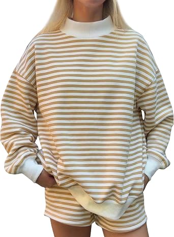Wyeysyt Womens Striped Sweat Set Mock Neck Sweatshirt and Shorts Lounge Set