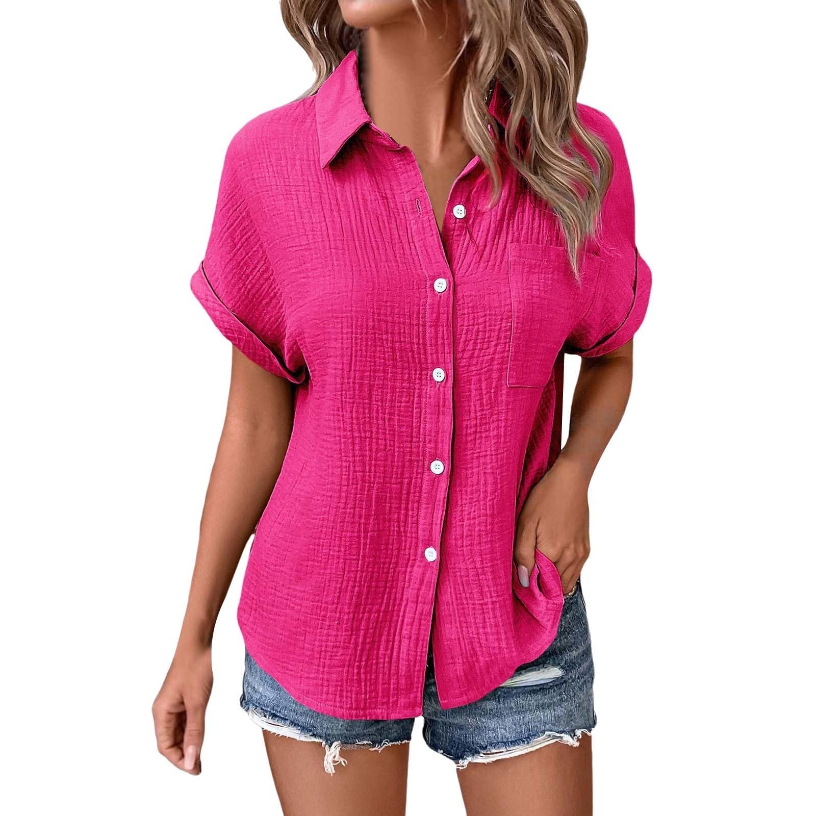 Générique Chemisier Femme Été Manche Courte – Col en V Boutons, Chemise Coton Lin Bureau Travail, Tunique Lâche T-Shirt Respirant Plage Top