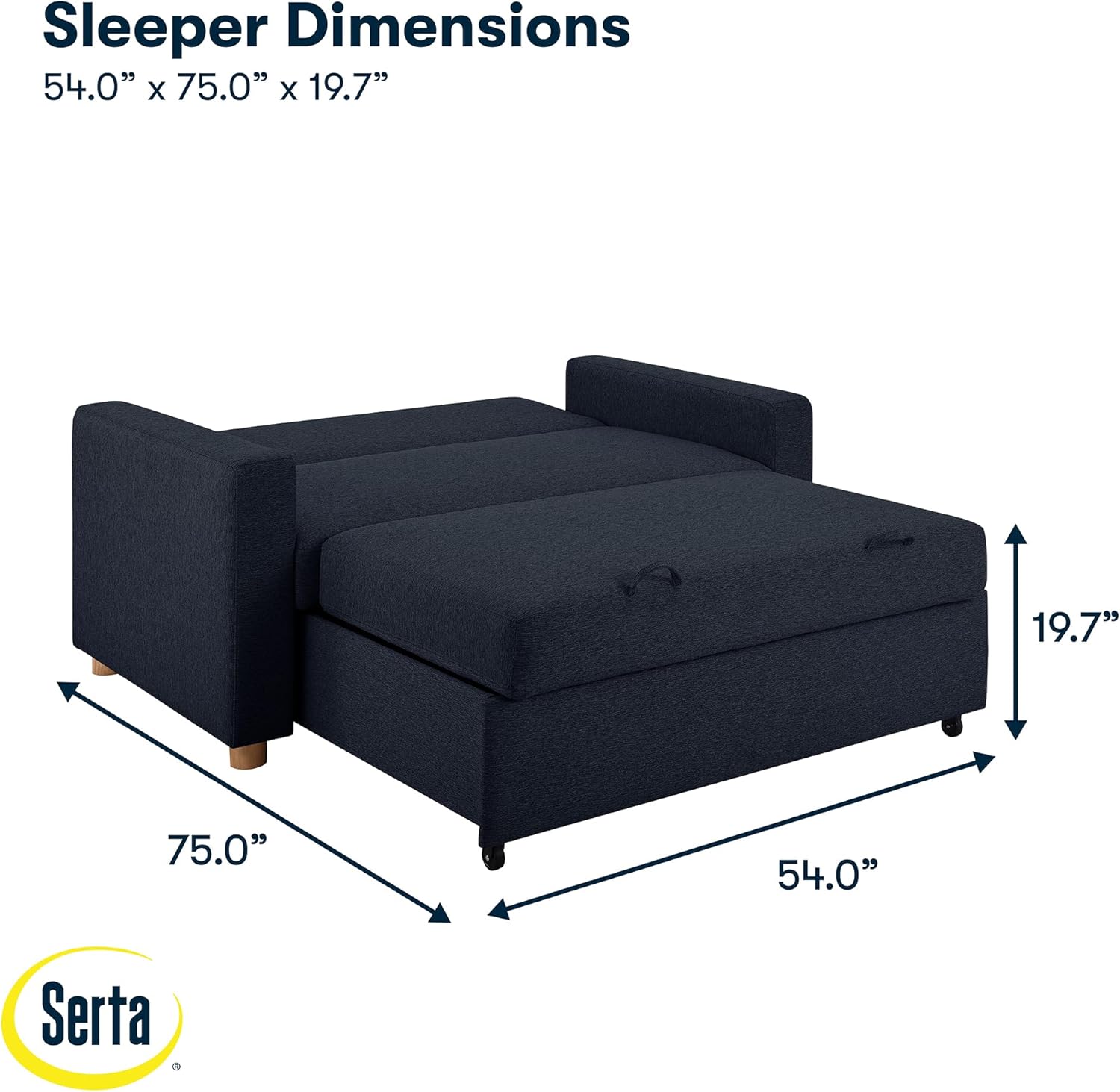 Serta Tulsa 66.1" Convertible Sleeper Loveseat, Full Size, Dreamcoil Comfort, FingerGuard Pinch Point Protection, Woven Fabric, Navy Blue