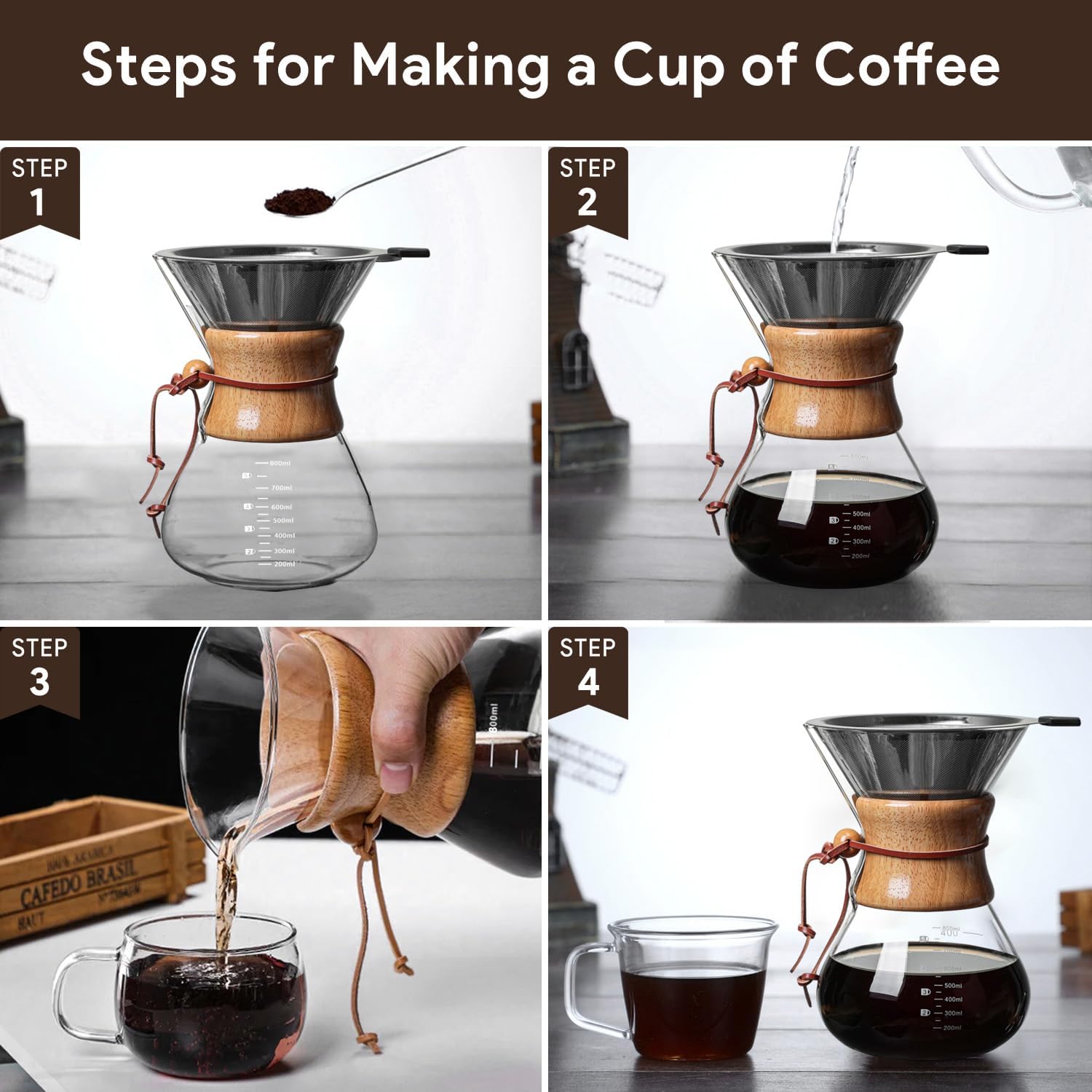 Wood Neck Pour Over Coffee Maker with Stainless Steel Filter, 800ml(27oz) Glass Coffee Pot, Drip Coffee Brewer for Home, Cafe, Camping, Gift - Permanent Reusable Filter, No Paper Needed(800ml)