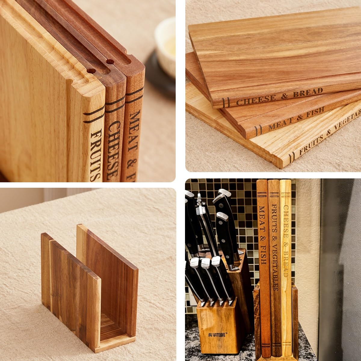 Lot de 3 Planches à Découper en Bois Massif Design Livre, Sapele, Acacia & Hévéa – 33x25.5cm Extra Épaisses avec Icônes Alimentaires, Inclus Support, Idéal pour Viande, Légumes, Fromage & Pain
